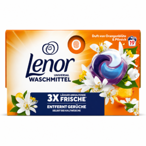 LENOR Universal skalbimo kapsulės 19 vnt. – apelsinų žiedų ir persikų aromatas